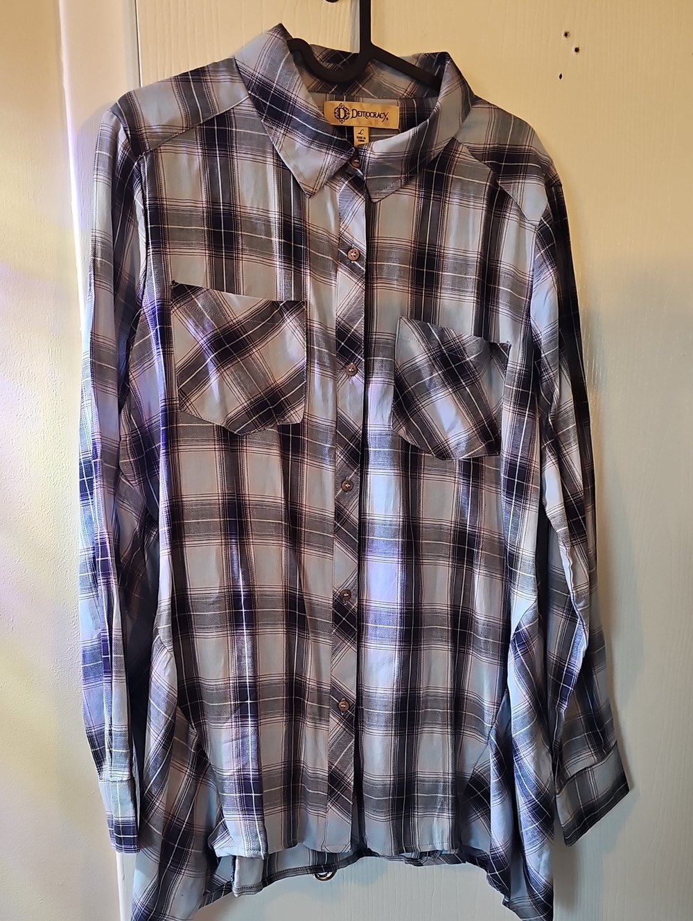 Democracy Men's Plaid Button-Down Shirt in Light Blue and Black